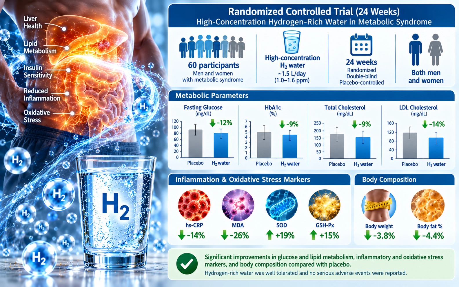 The Effects of 24-Week, High-Concentration Hydrogen-Rich Water on Body Composition, Blood Lipid Profiles and Inflammation Biomarkers in Men and Women with Metabolic Syndrome: A Randomized Controlled Trial